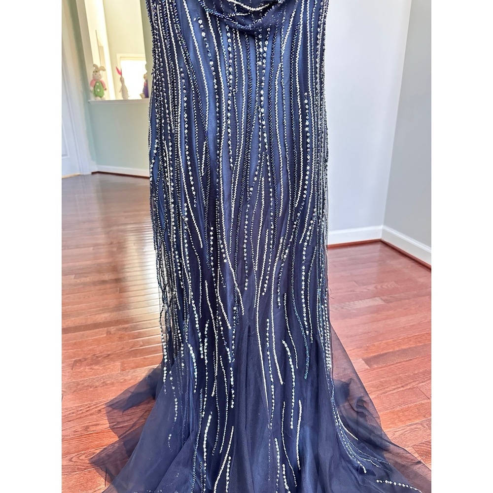 Luxury Pronovias Navy Blue Beaded Embellished Plunge Open Low Back Gown Dress - Picture 9 of 12